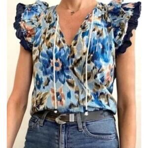 House of Harlow 1960 | Boho Ruffle Abstract Floral Top | Zoe Blue | Sz S